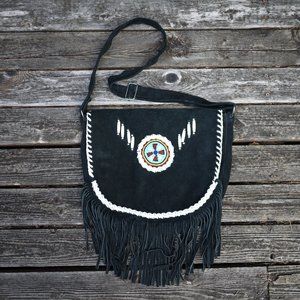 Black Suede Hobo Crossbody with Beadwork & Fringe